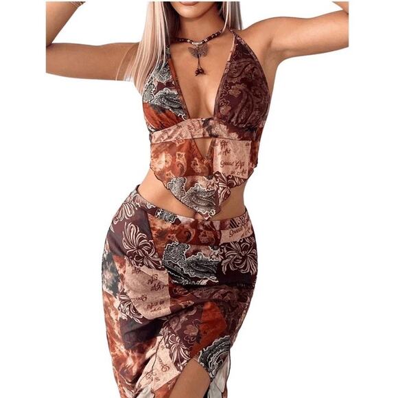 Women's 2pc Boho Western Tie Dye Backless Top & Split Thigh Skirt Outfit - Picture 11 of 16
